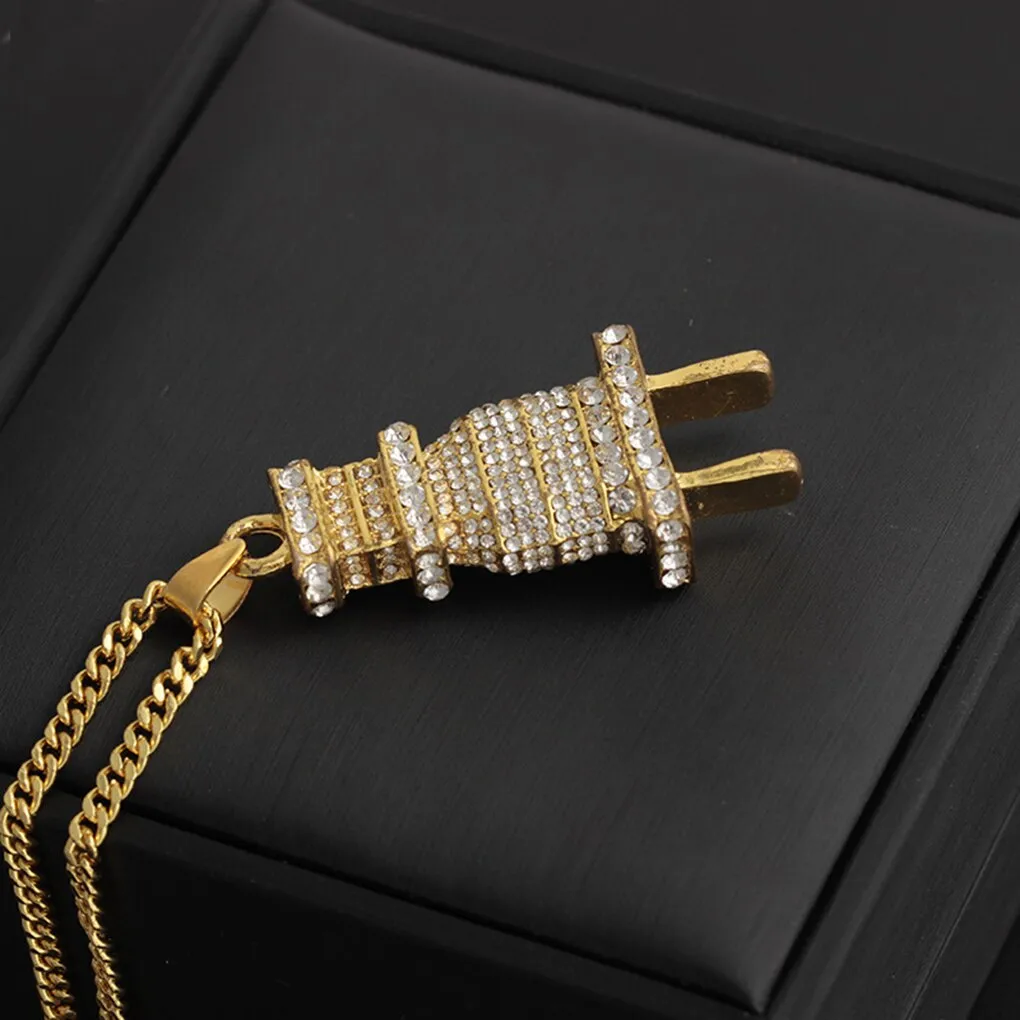 2019 New Bizarre Golden Plug Shape Rhinestone Hip-hop Necklace Pendant Women Men Jewelry Neck Accessories