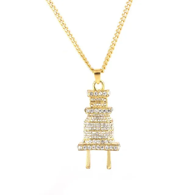 2019 New Bizarre Golden Plug Shape Rhinestone Hip-hop Necklace Pendant Women Men Jewelry Neck Accessories