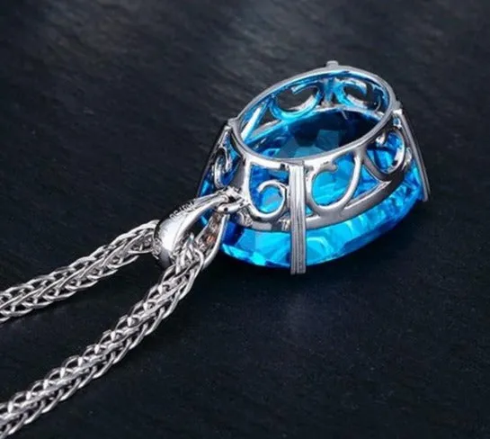 Blue Aquamarine Pendant Necklace 925 Silver Link Chain For Women