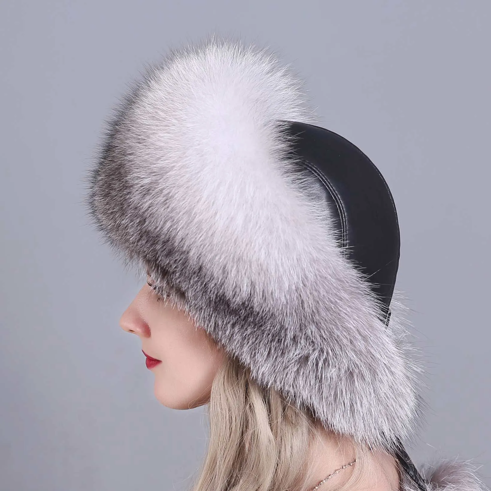 Fox Fur Grass Hat Women's Winter Thickened Warm Ear Protection Hat Leather