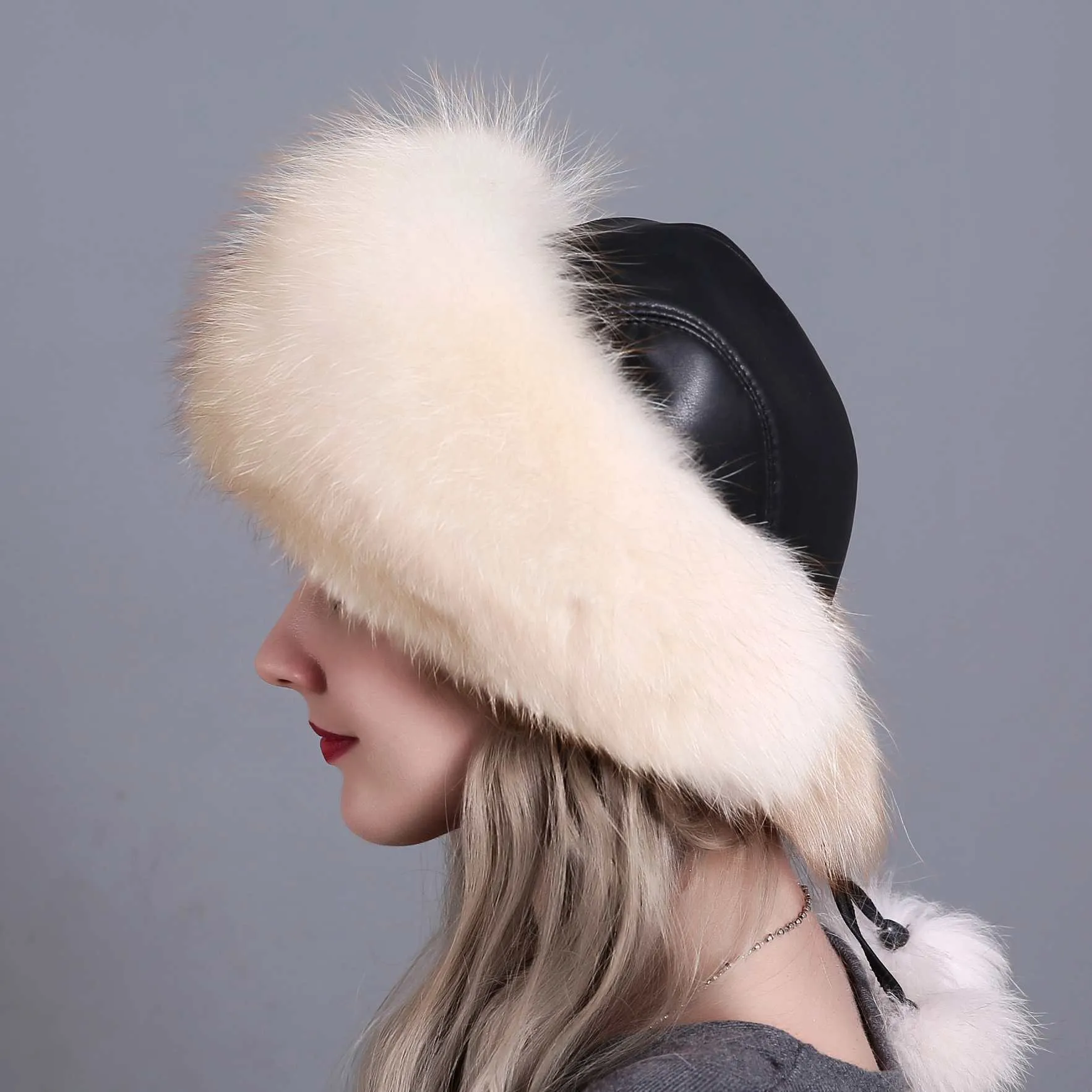 Fox Fur Grass Hat Women's Winter Thickened Warm Ear Protection Hat Leather