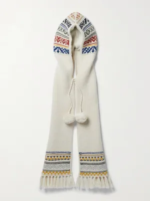 Hooded pompom-embellished fringed Fair Isle cashmere scarf