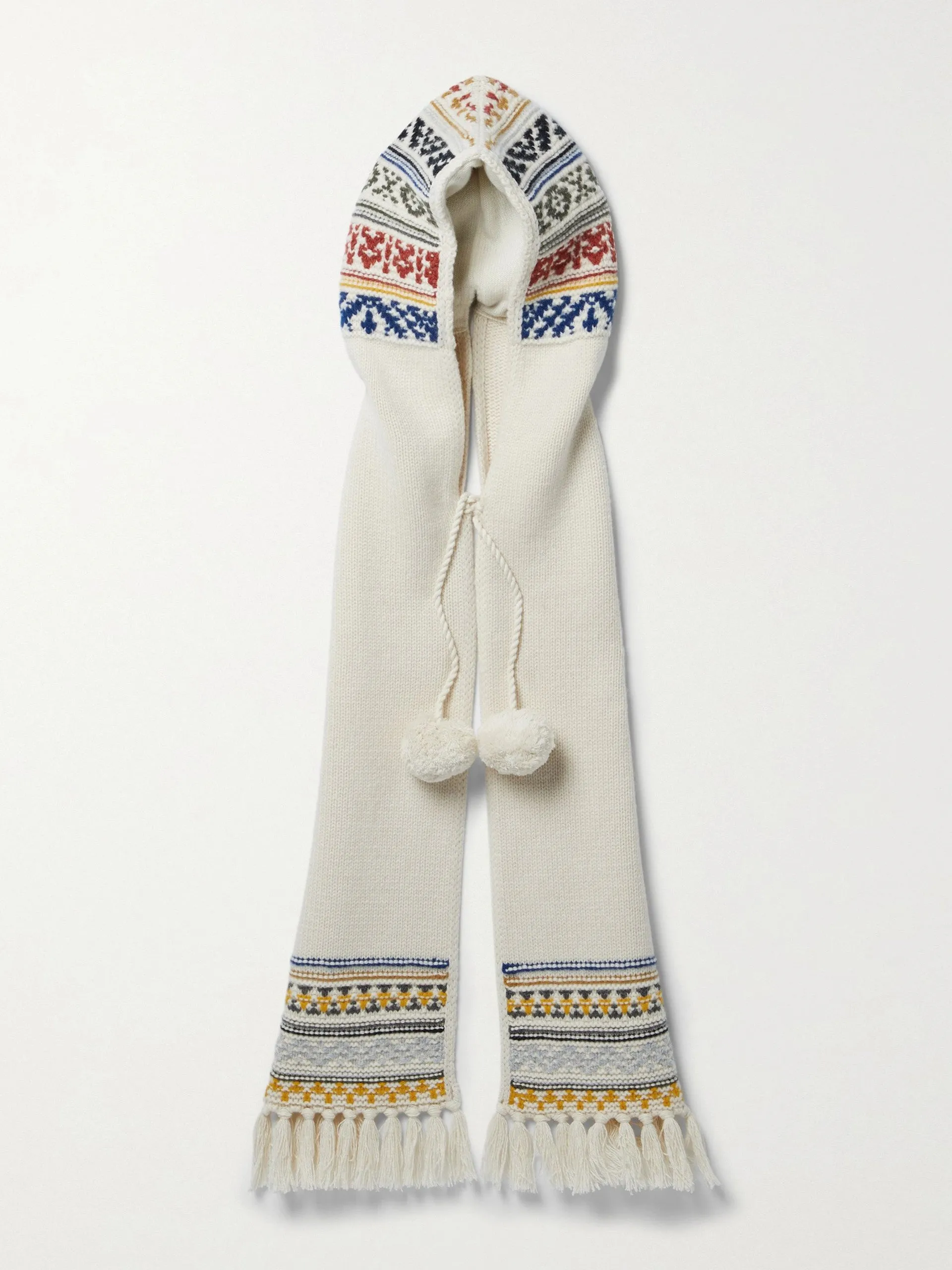 Hooded pompom-embellished fringed Fair Isle cashmere scarf