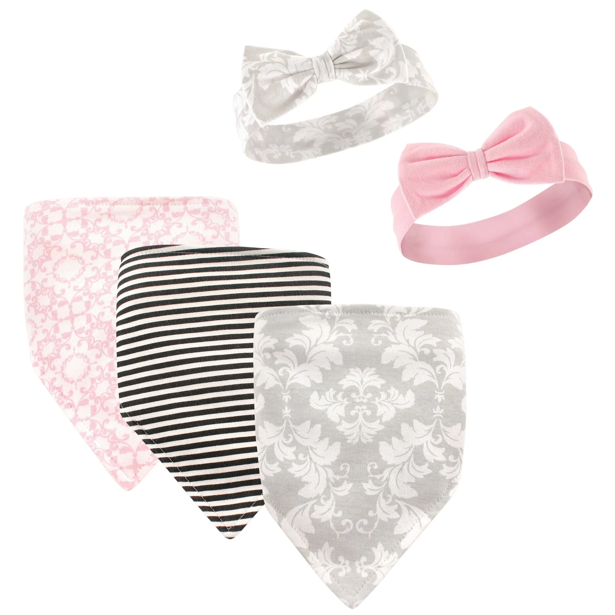 Hudson Baby Cotton Bib and Headband or Caps Set, Damask