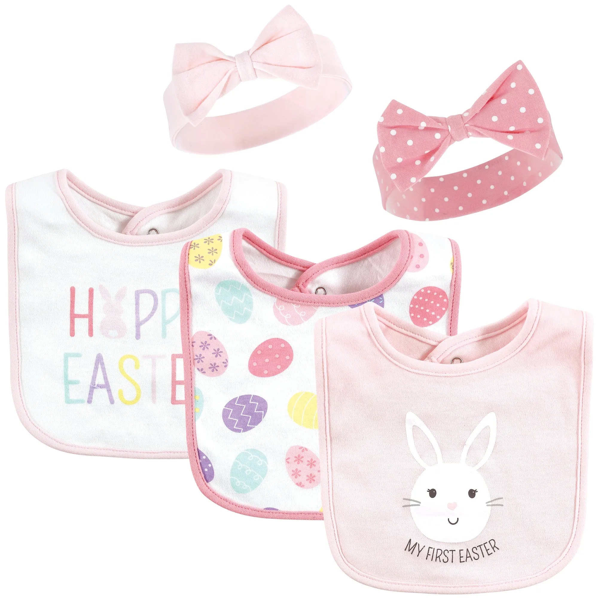 Hudson Baby Cotton Bib and Headband or Caps Set, Happy Easter