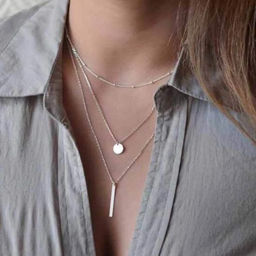 Simple Gold Silver Plated Multi Layers Bar Coin Necklace Clavicle Chains