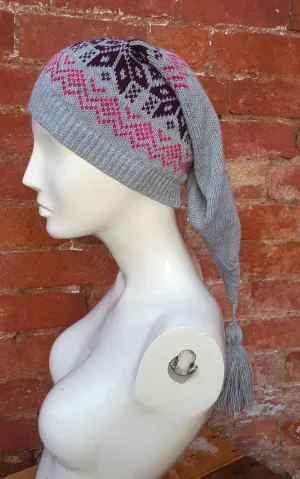 Soft grey coloured Winter Pixie Hat, fair isle pattern, one size fits all, unisex ski hat